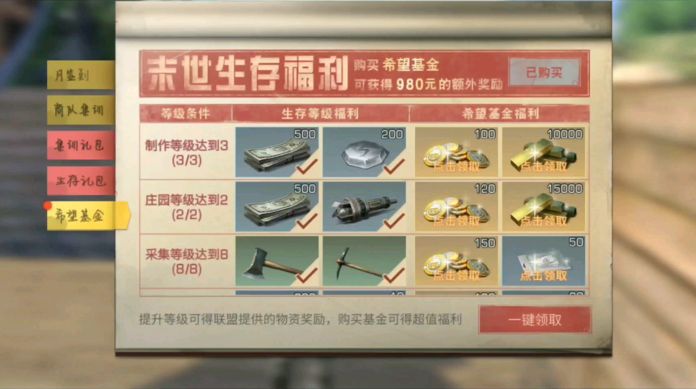 明日之后98元希望基金有什么